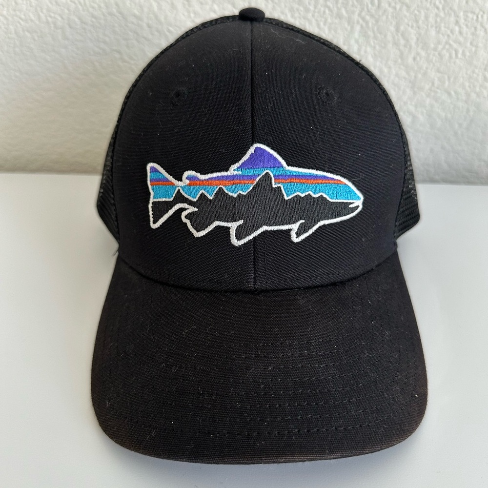 Patagonia Black Trucker Hat with Multicolor Fish Logo